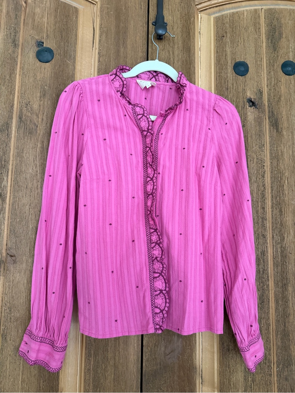 Sezane Fuchsia Lace-Trim Long Sleeve Blouse